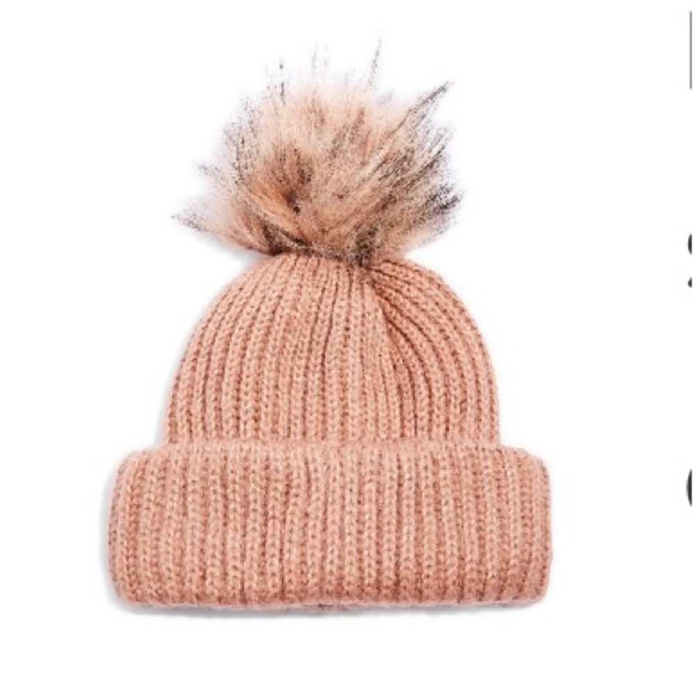 Topshop Nude Faux Fur Pompom Beanie